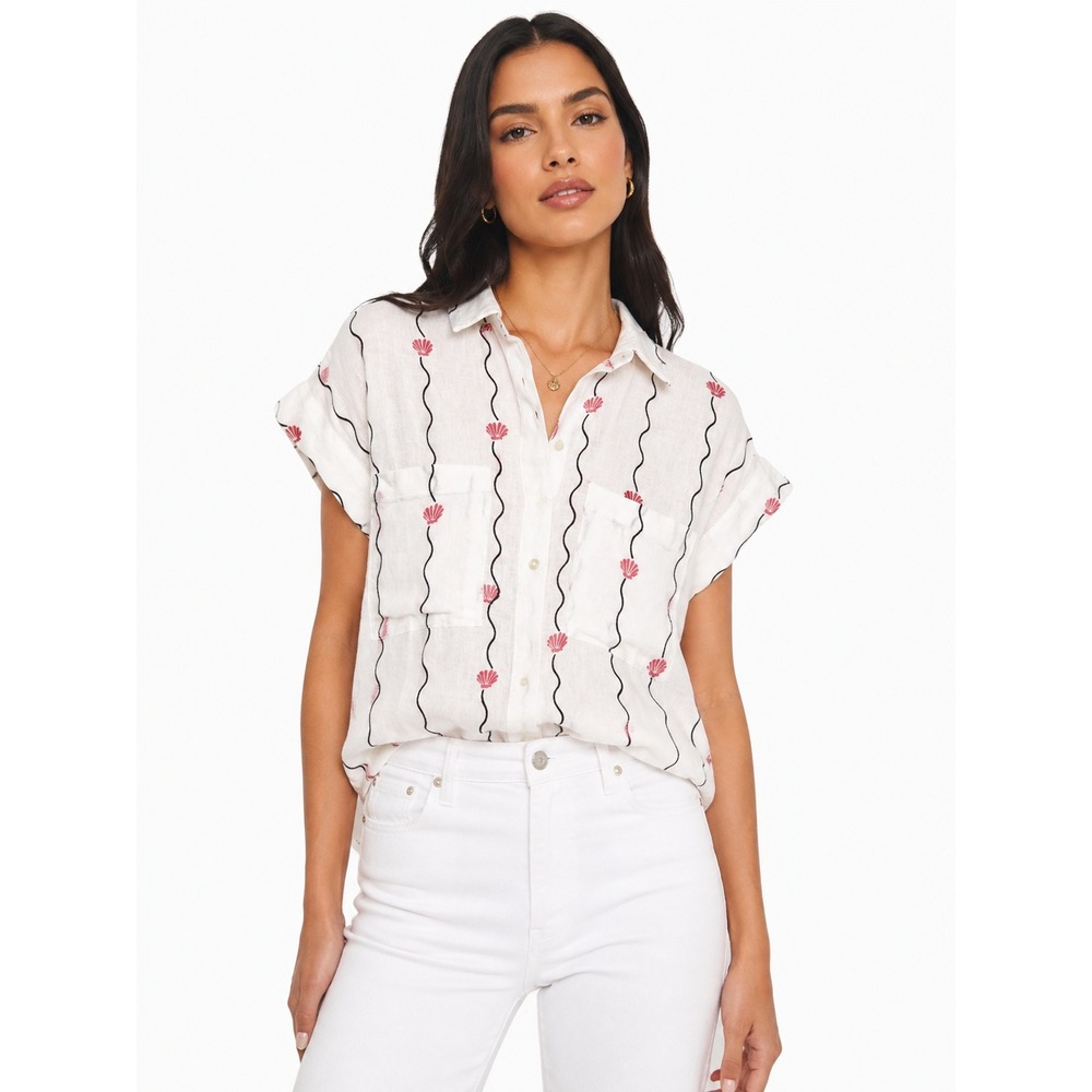 Rails Cito Blouse White‎ Striped Seashells Short Sleeve Linen Top XS NEW